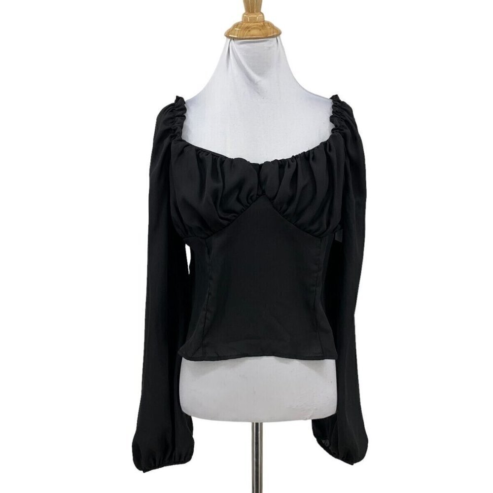 Abound  BNWOT black bustier blouse balloon long sleeves women sz Xlarge side zip